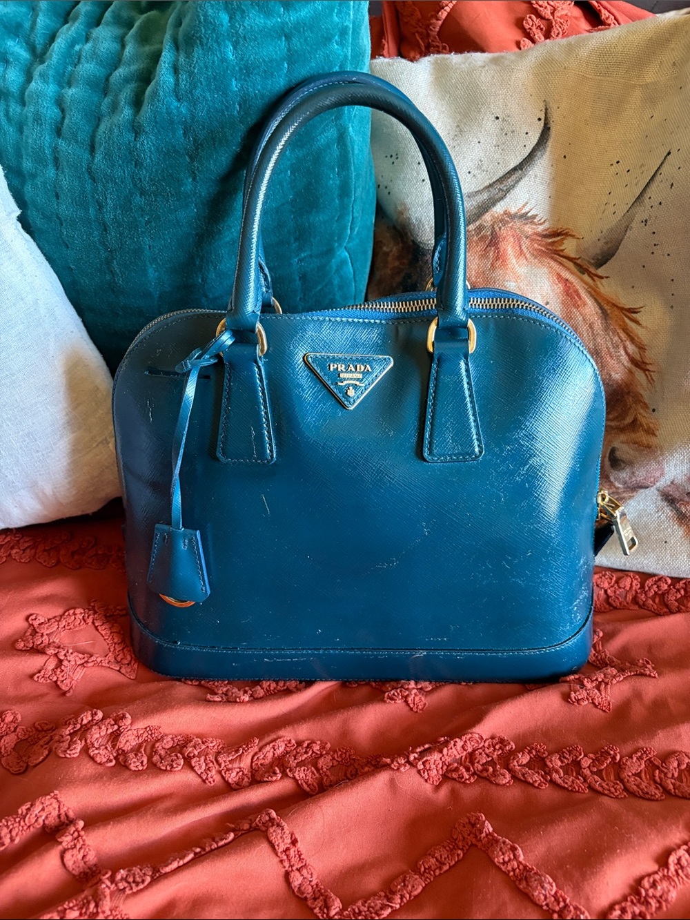 Prada Teal Saffiano Leather Dome Satchel - Teal Blue with Gold Hardware with COA